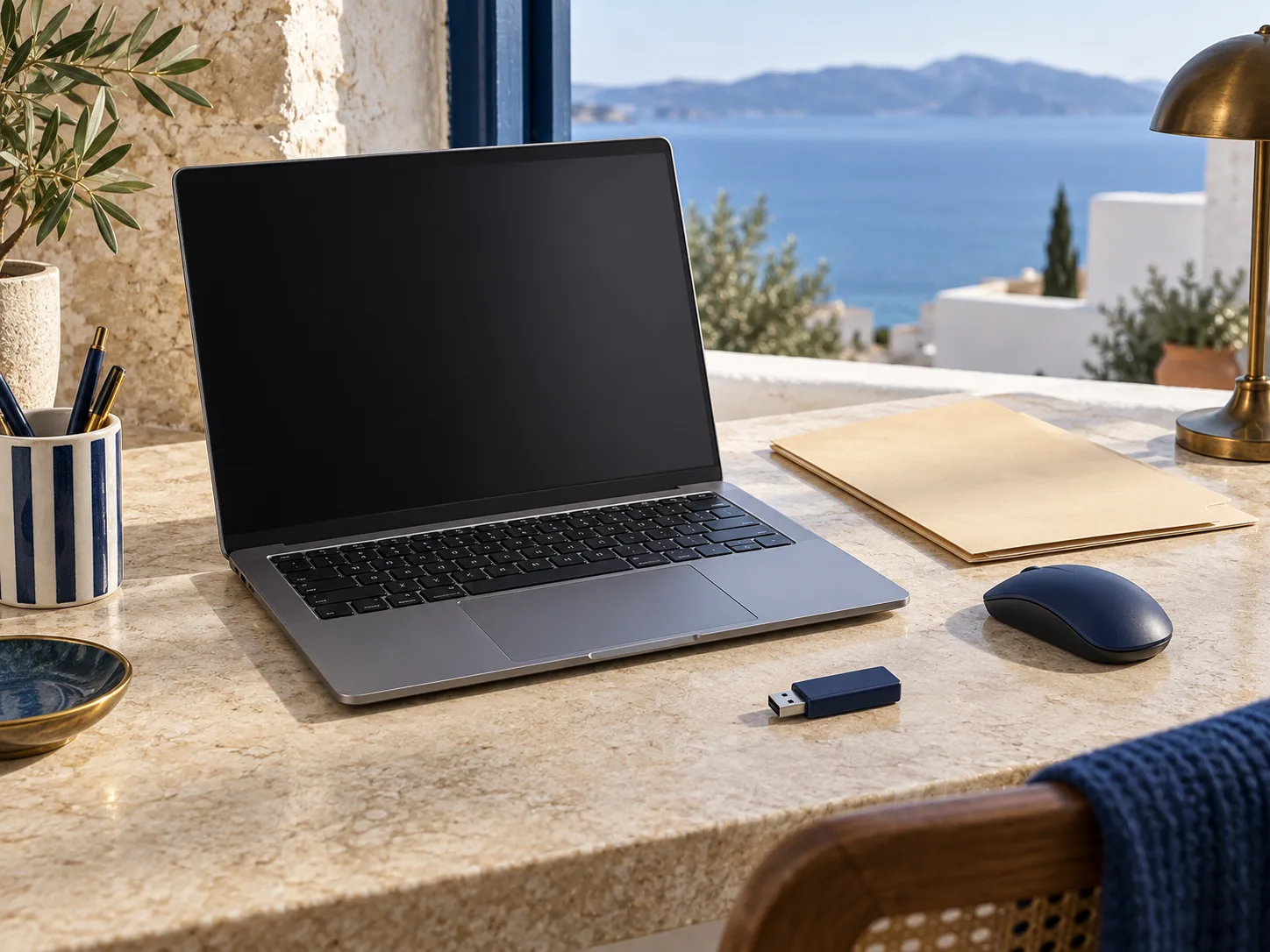 Laptop und Maus auf einem Lernplatz