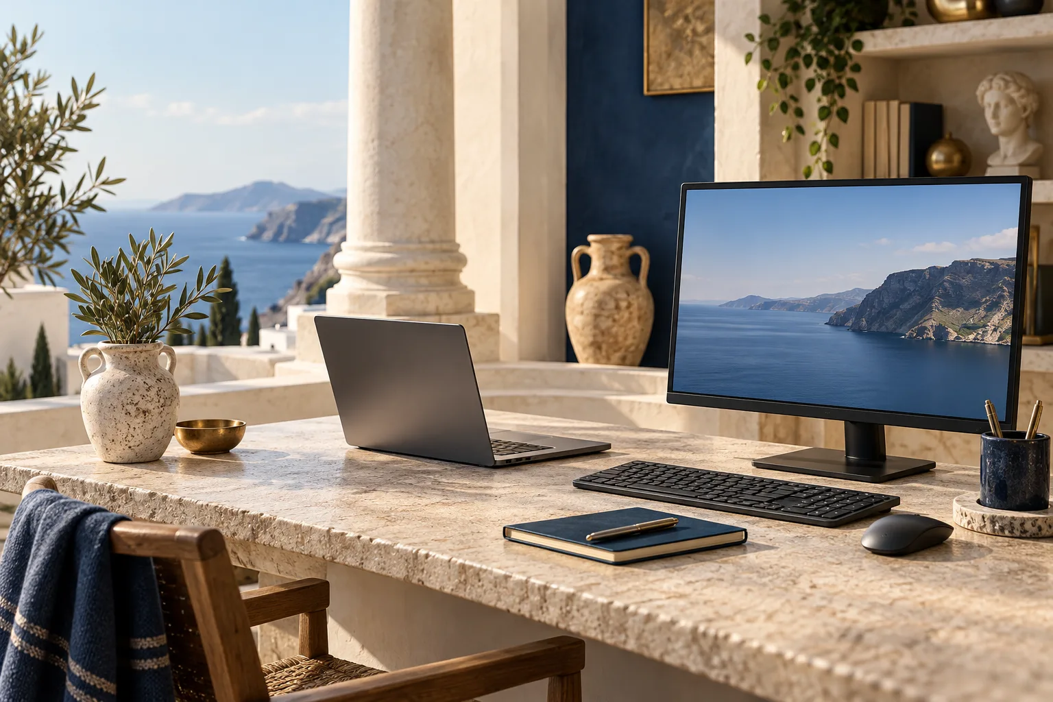 Ruhiger Lernplatz mit Laptop, Monitor, Tastatur und Maus