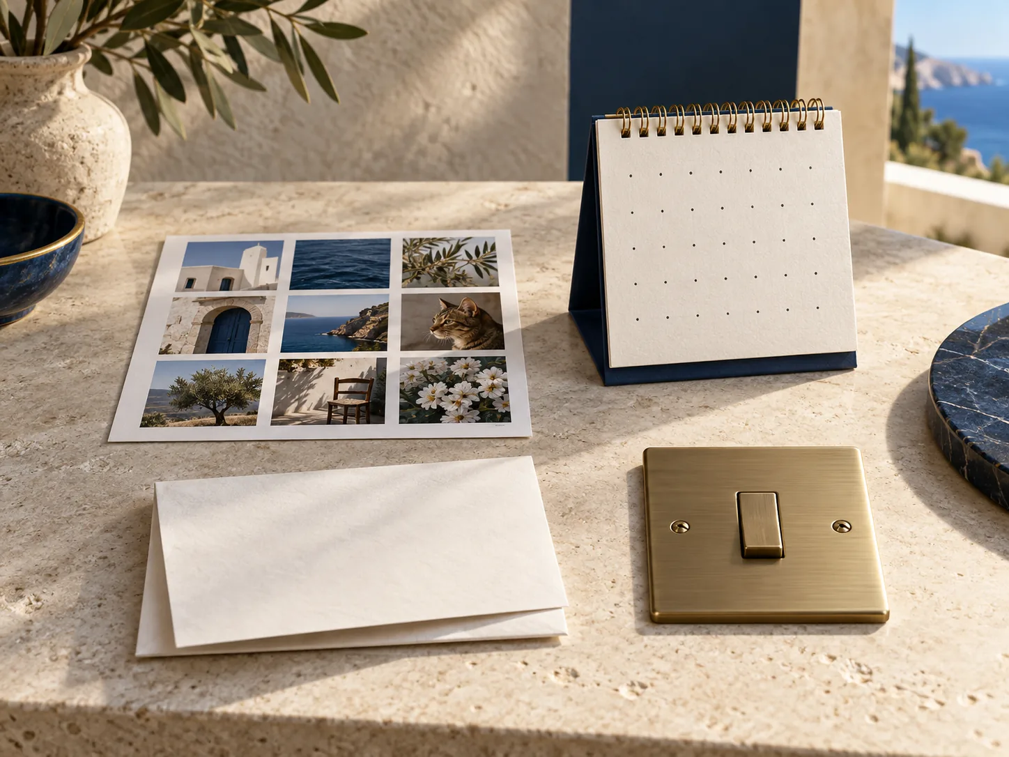 Bildergalerie, Kalender, Briefpapier und Lichtschalter auf einem hellen Tisch