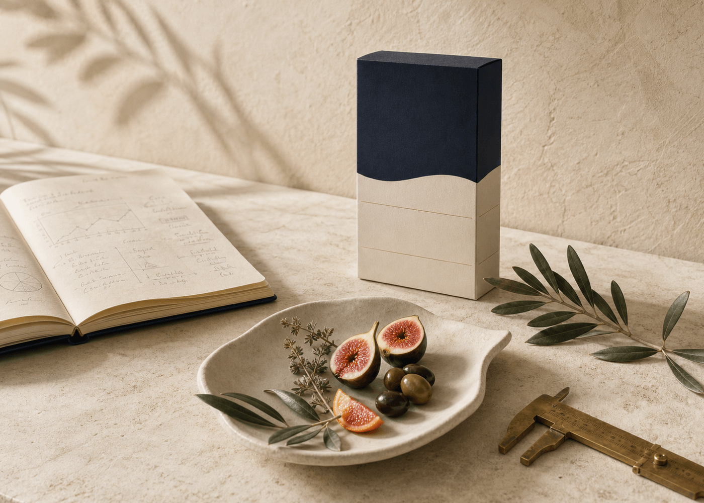 Ernährungs- und Produktentwicklung mit Notizbuch, mediterranen Zutaten und Modell