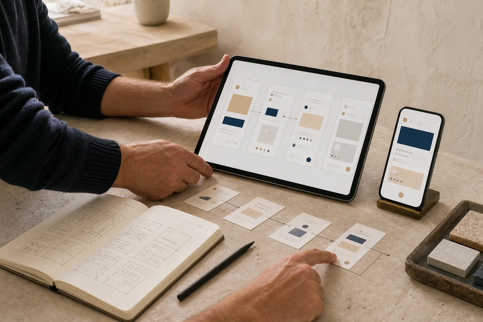 App-Entwicklung mit Smartphone, Tablet, Skizzenbuch und geordneten Ablaufkarten