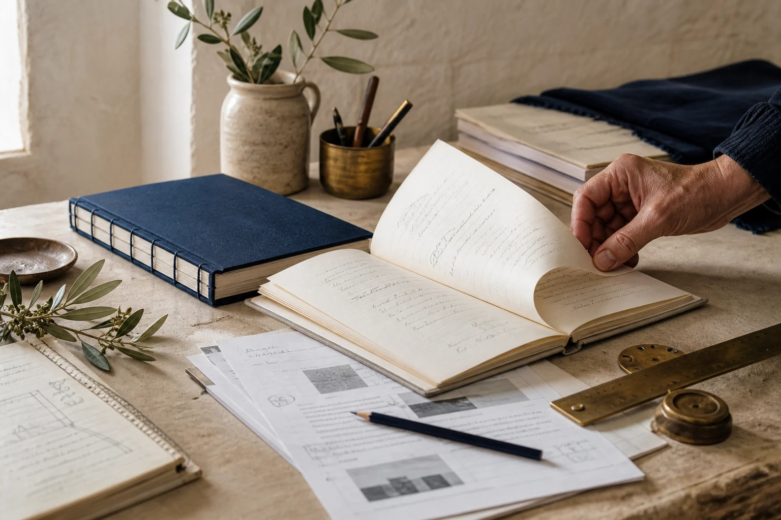 Handwerkliche Buchentwicklung mit Manuskript, Blindband, Skizzen und Messwerkzeugen
