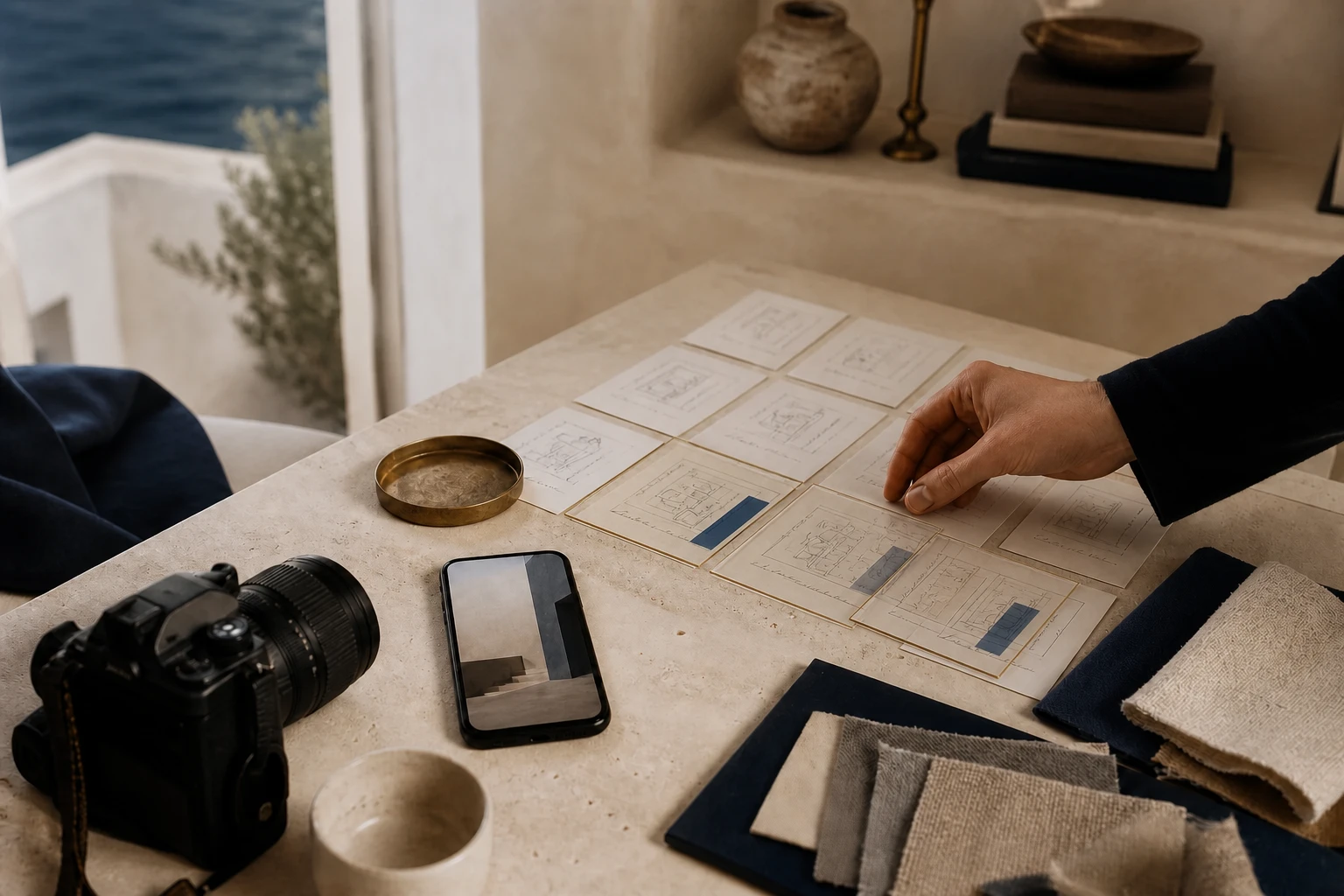 Editorialer Arbeitsplatz für Content-Planung mit Kamera, Smartphone und transparenten Storyboards