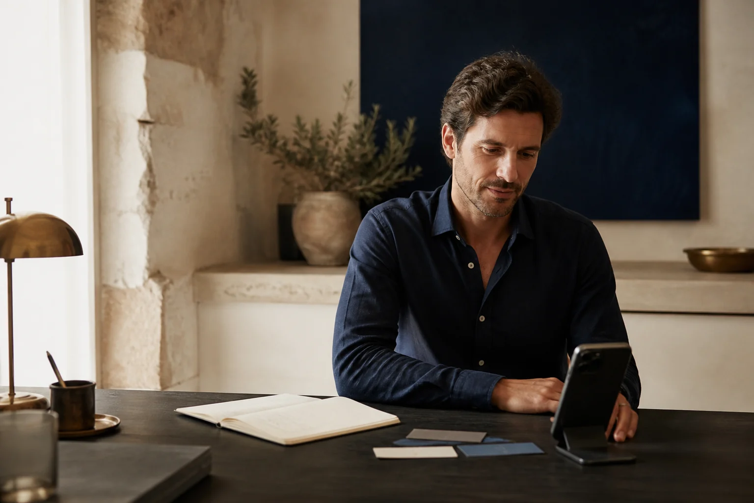 Professioneller Arbeitsplatz mit Smartphone, Notizbuch und vorbereiteter Gesprächslogik