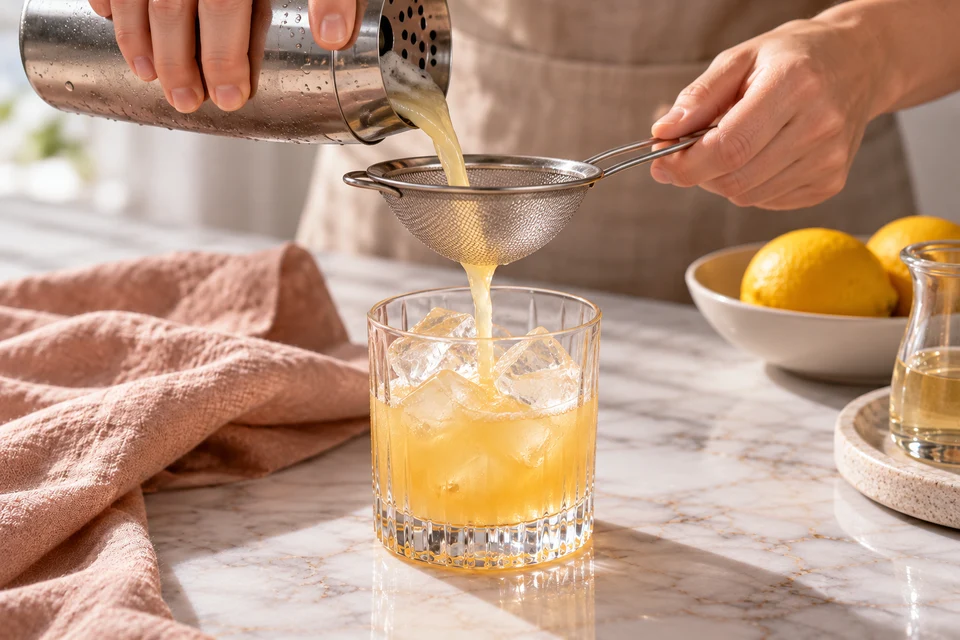 Whiskey Sour ohne Ei: auf Eis abseihen