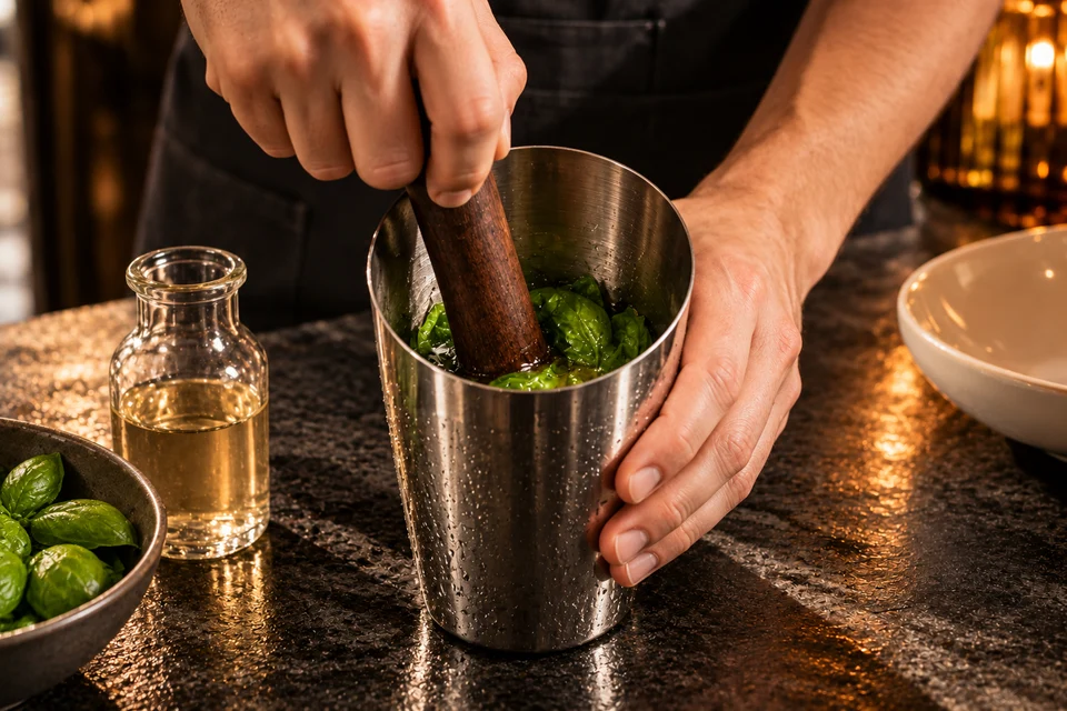Gin Basil Smash: Basilikum andrücken