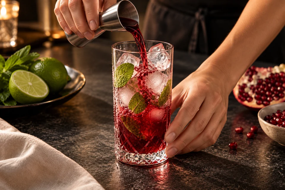 Granatapfel-Minze-Cooler: rote Basis auffüllen