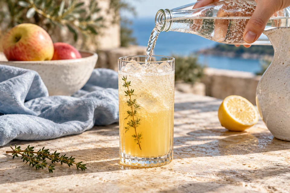 Apfel-Thymian-Highball: Sprudel ergänzen