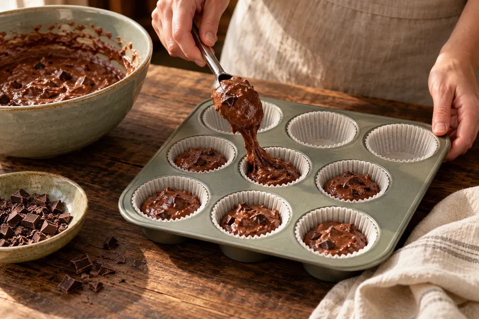 Schokoladen-Bananen-Muffins: Füllhöhe