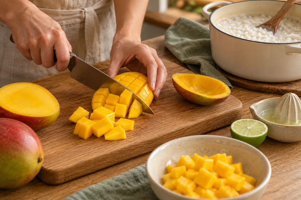 Kokos-Mango-Reis: Mango würfeln