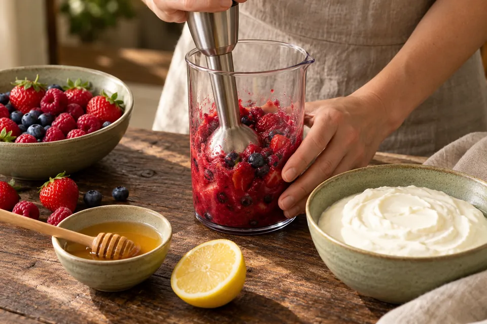 Beeren-Frozen-Joghurt als Softeis: Beeren pürieren