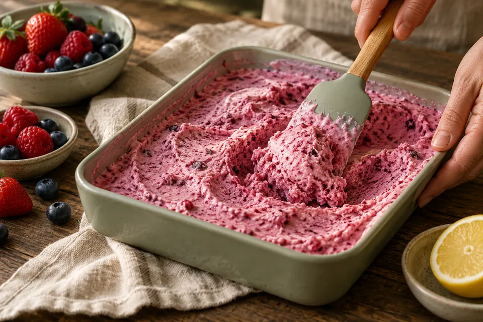 Beeren-Frozen-Joghurt als Softeis: Eiskristalle durchrühren