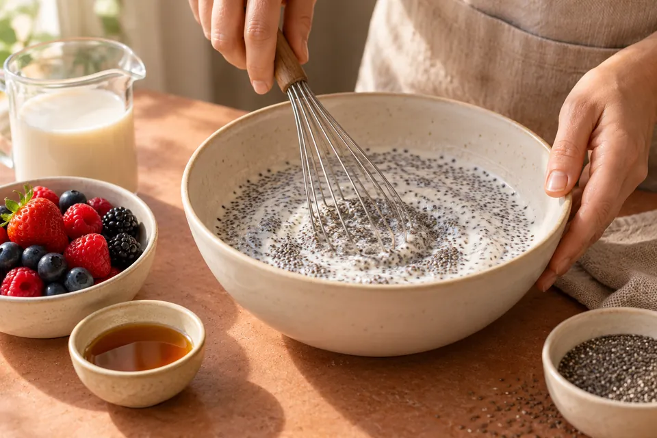 Beeren-Chia-Pudding: Klumpen ausrühren