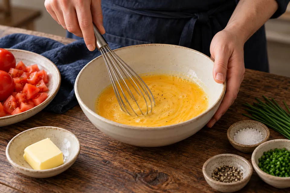 Rührei mit Tomaten: Eier verquirlen
