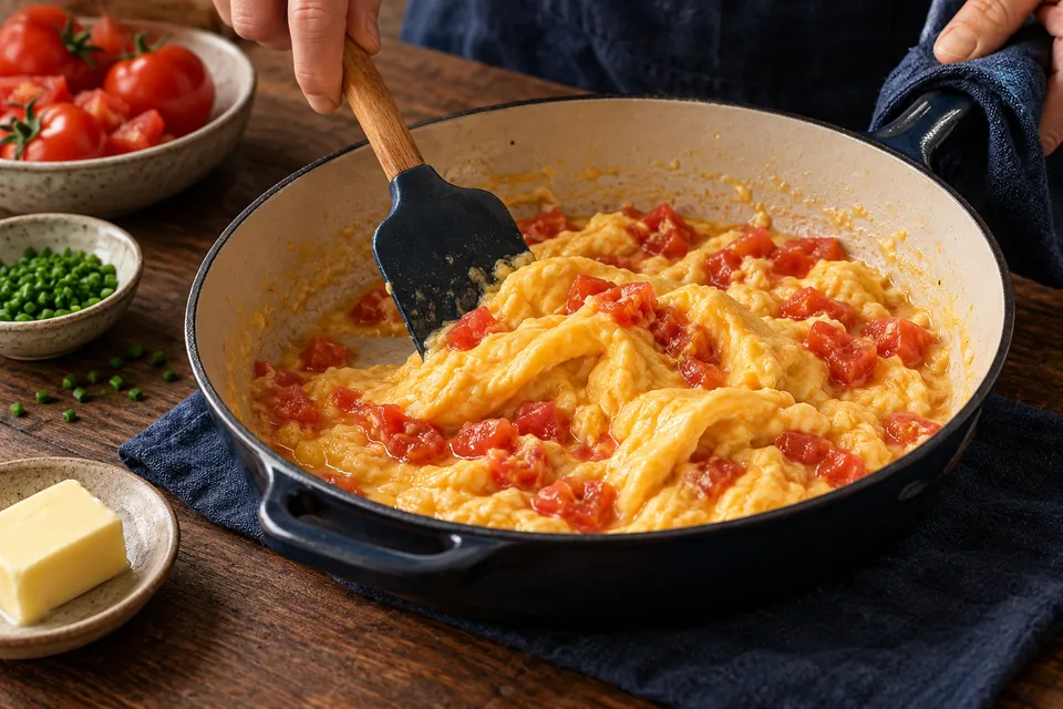 Rührei mit Tomaten: große Falten schieben