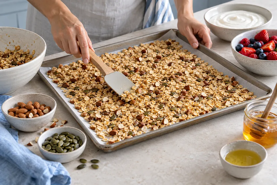 Joghurt mit selbst geröstetem Granola: Blech dünn belegen
