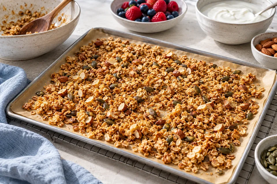 Joghurt mit selbst geröstetem Granola: ausgekühlte Knusperstücke