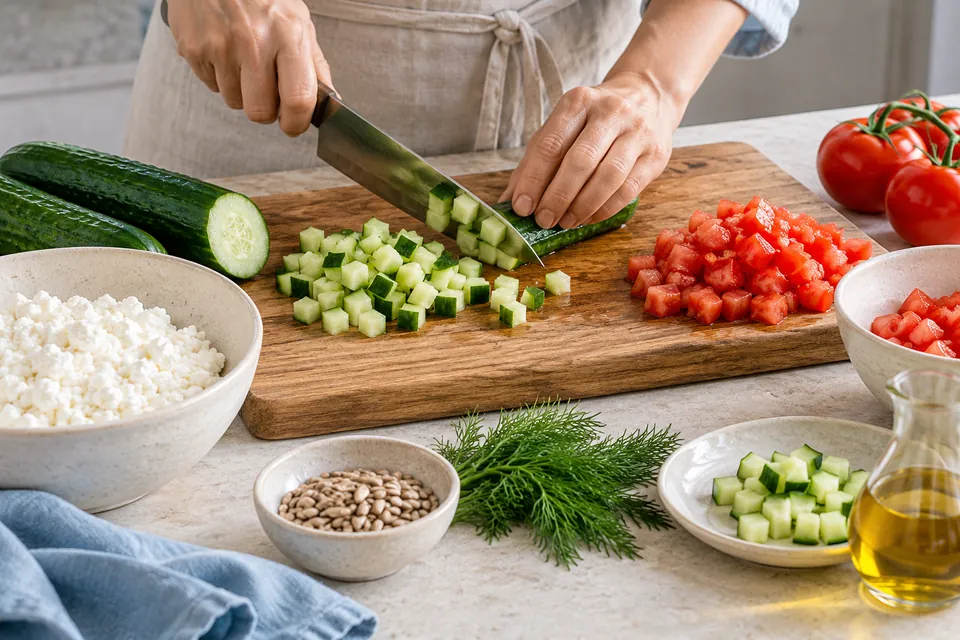 Hüttenkäse-Bowl mit Gurke: Würfeln