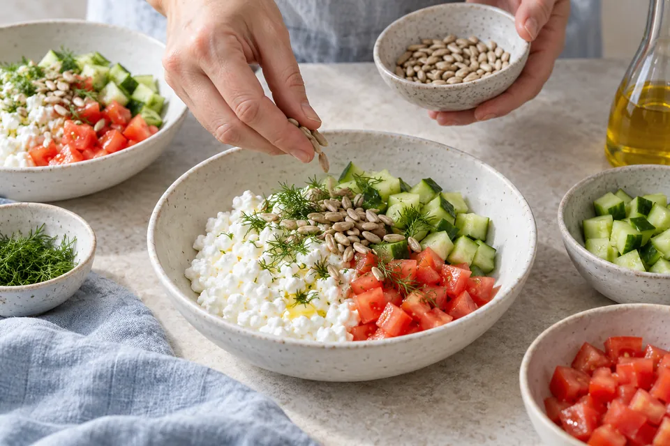 Hüttenkäse-Bowl mit Gurke: Bowl anrichten