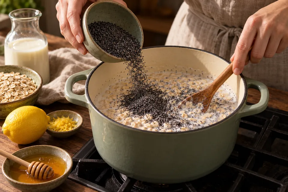 Zitronen-Mohn-Porridge: Mohn einrühren