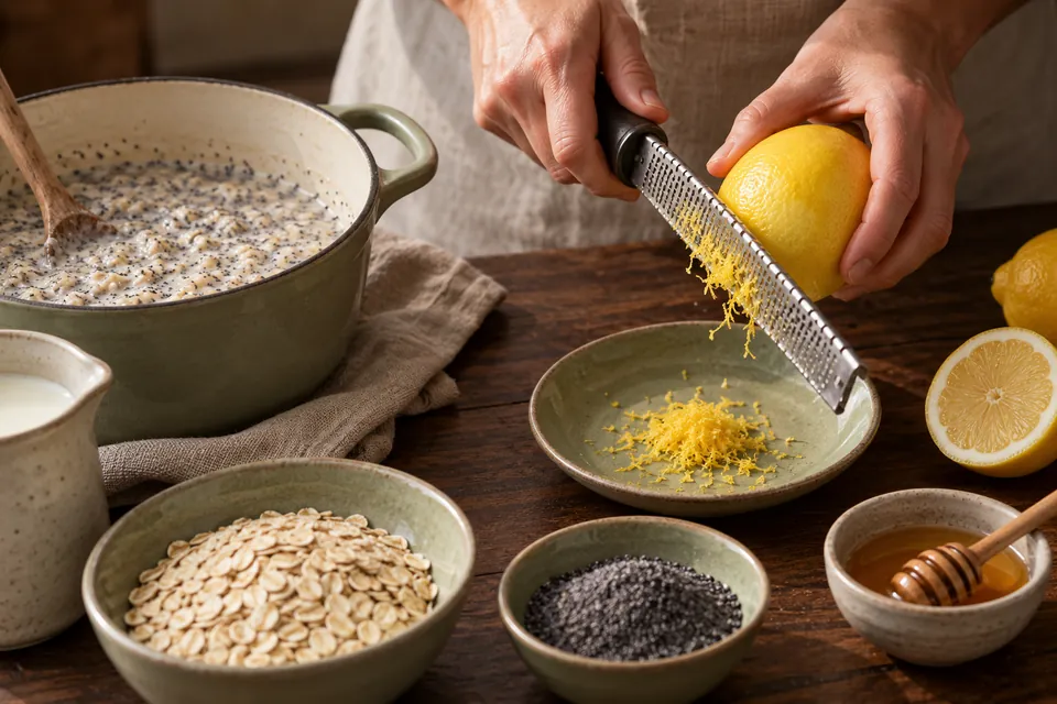 Zitronen-Mohn-Porridge: Zitrone fein abreiben