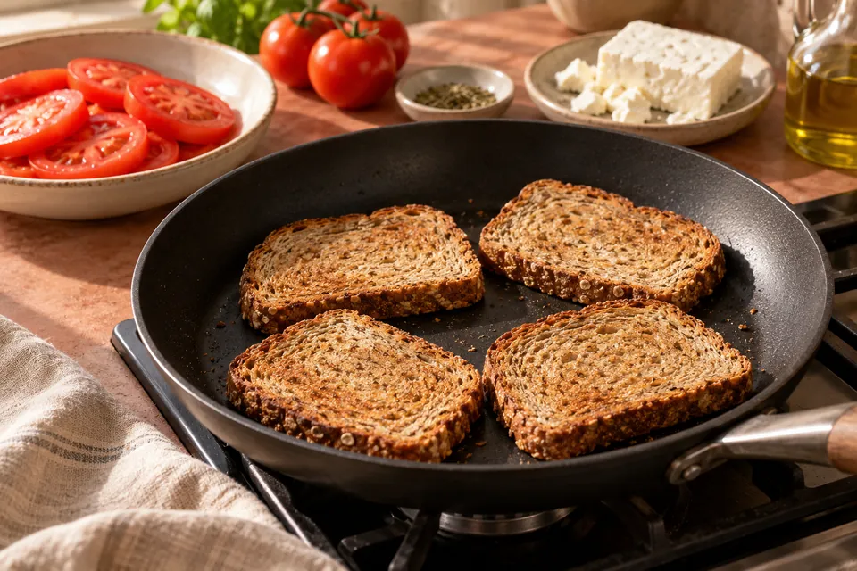 Tomaten-Feta-Frühstücksbrot: Rösten
