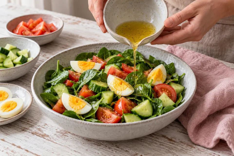 Frühstückssalat mit Ei: Dressing verteilen