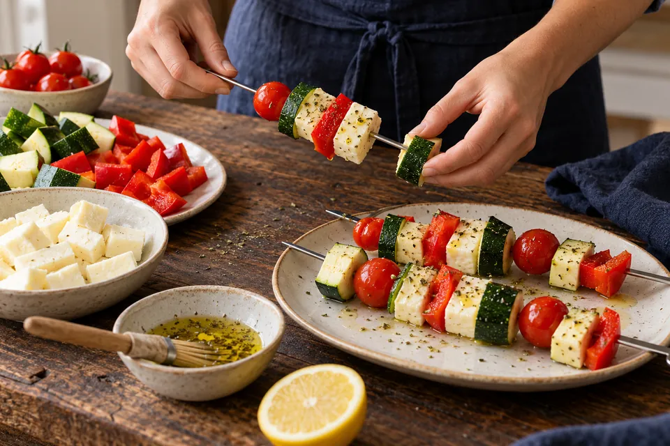 Halloumi-Gemüse-Spieße: Metallspieße bestücken