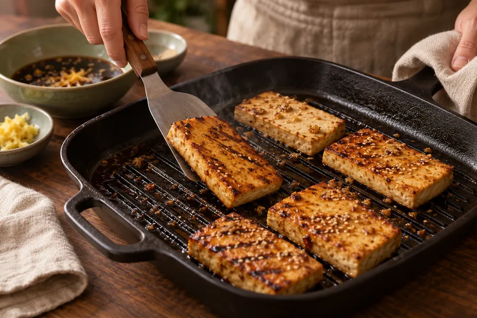 Grilltofu mit Ingwer: Wenden auf Grillplatte