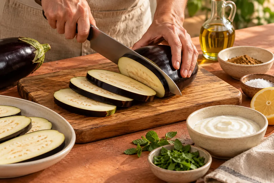 Auberginen vom Grill mit Joghurt: Scheibendicke