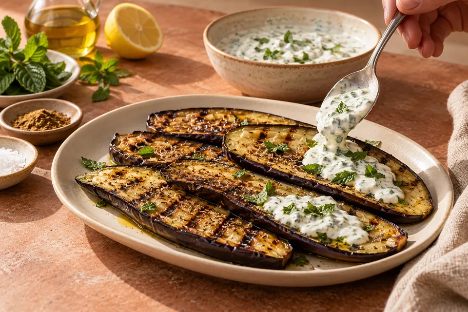 Auberginen vom Grill mit Joghurt: Gartextur