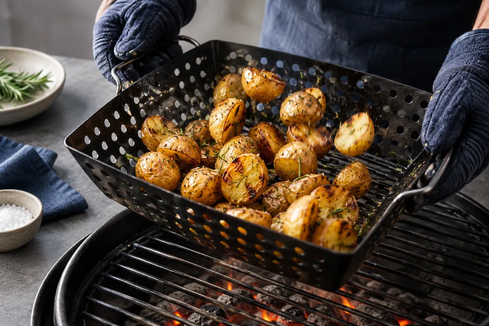 Rosmarin-Kartoffeln im Grillkorb: Grillkorb schütteln