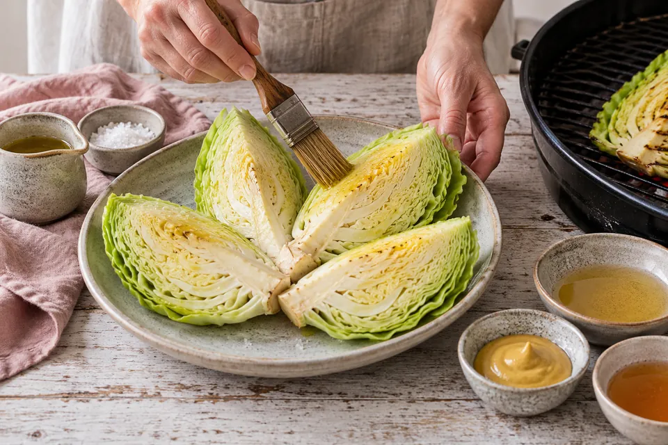Spitzkohl vom Grill mit Senfdressing: Strunk als Halt