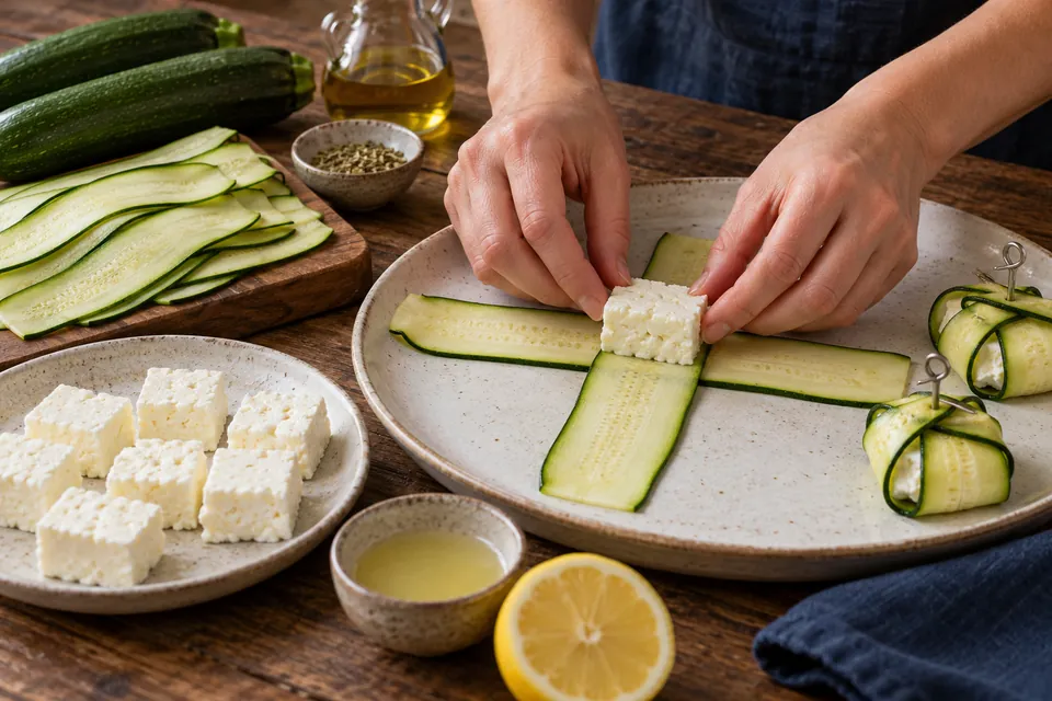 Zucchinipäckchen mit Feta: Kreuz legen