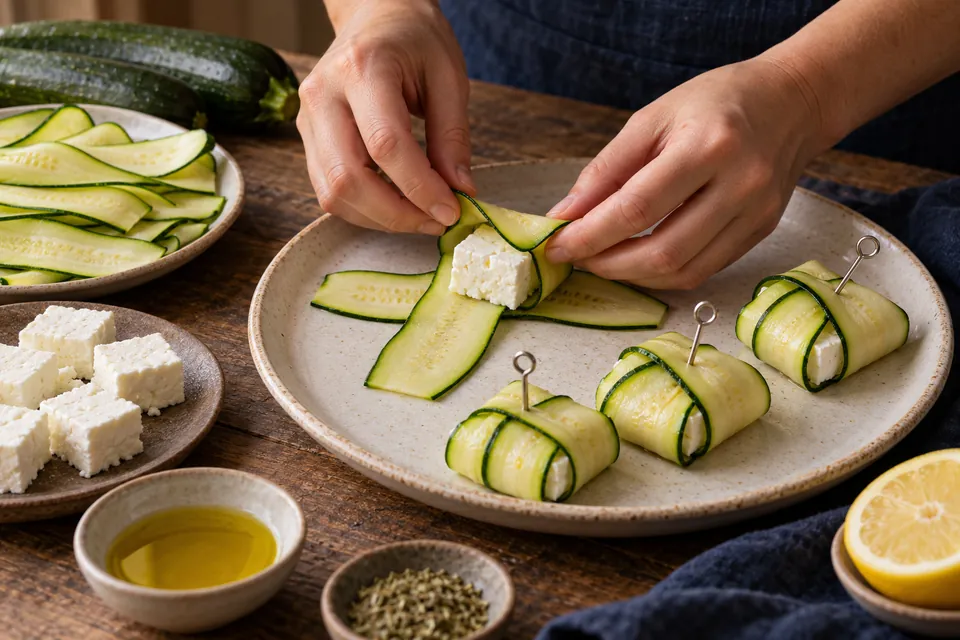 Zucchinipäckchen mit Feta: einschlagen