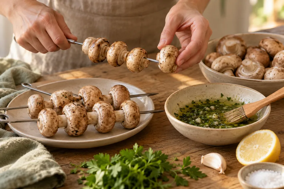 Pilzspieße mit Kräuteröl: Spieße bestücken