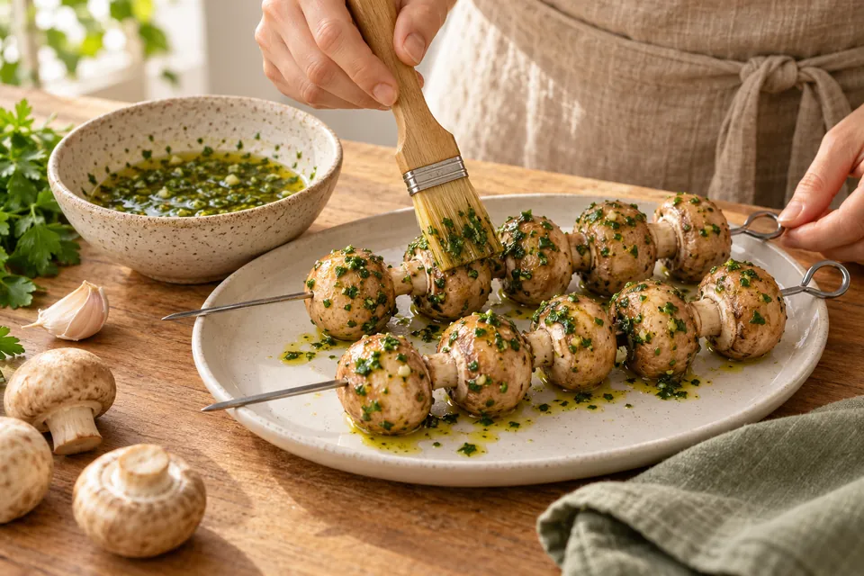 Pilzspieße mit Kräuteröl: Kräuteröl aufpinseln