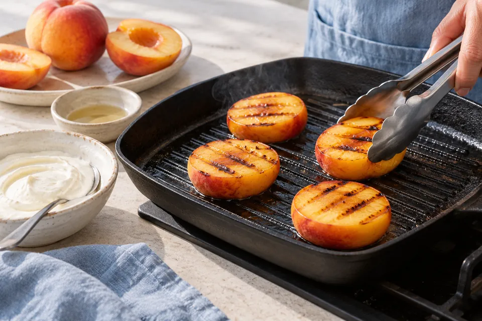 Grillpfirsiche mit Vanillequark: Schnittfläche grillen