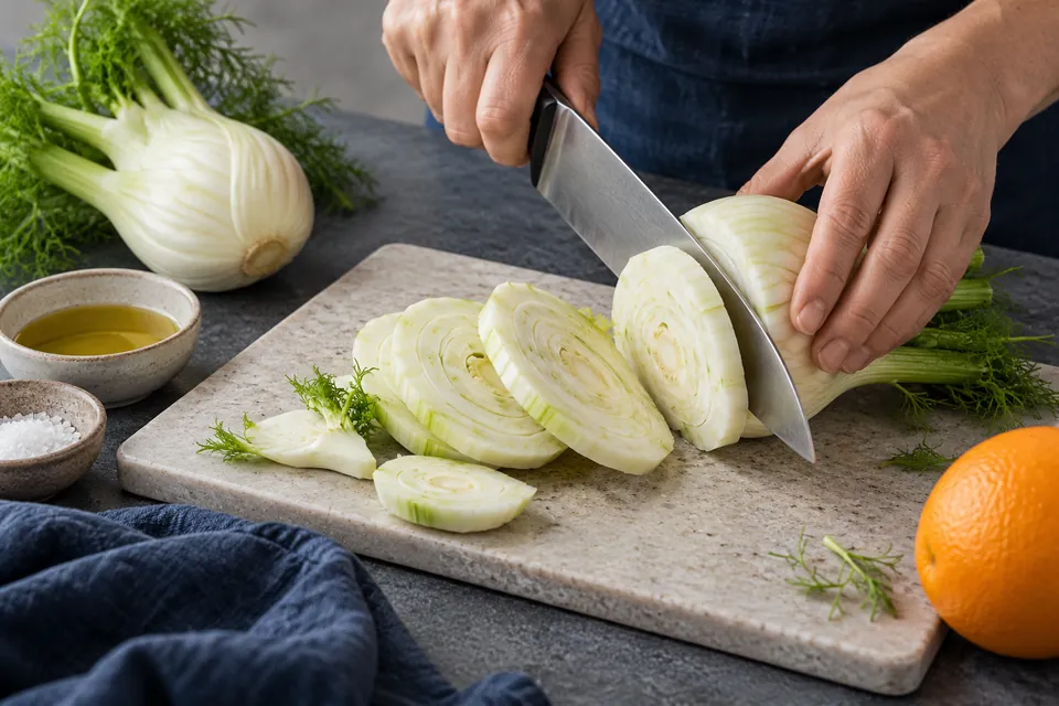 Gegrillter Fenchel mit Orange: zusammenhaltender Strunk