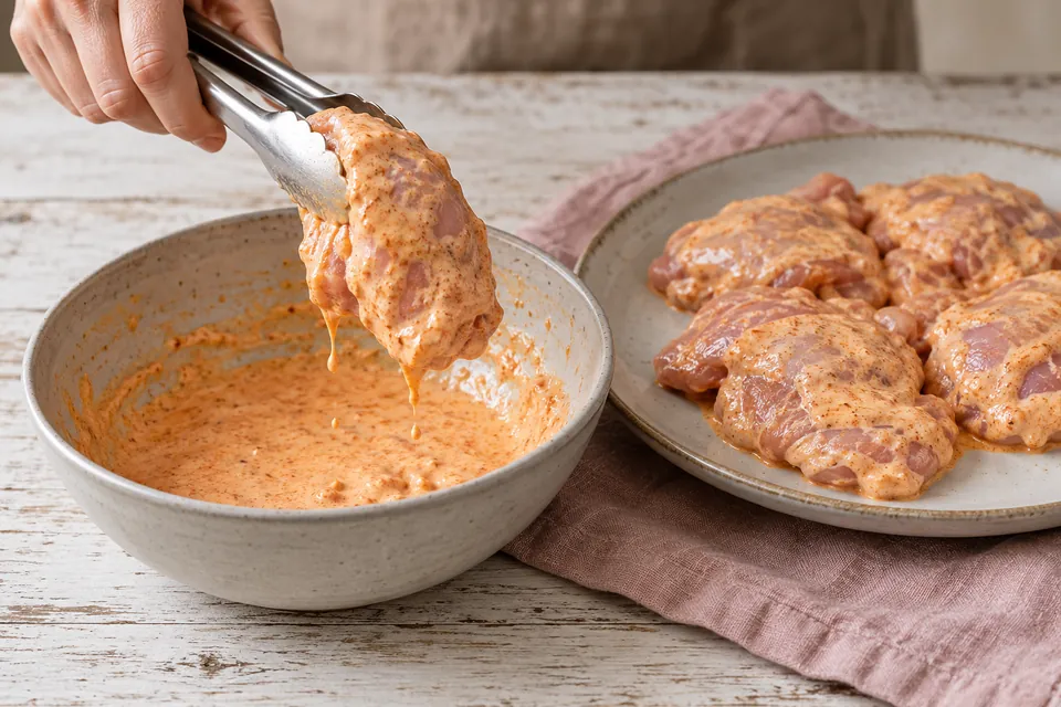 Hähnchen-Oberkeule mit Paprikajoghurt: Marinade abstreifen