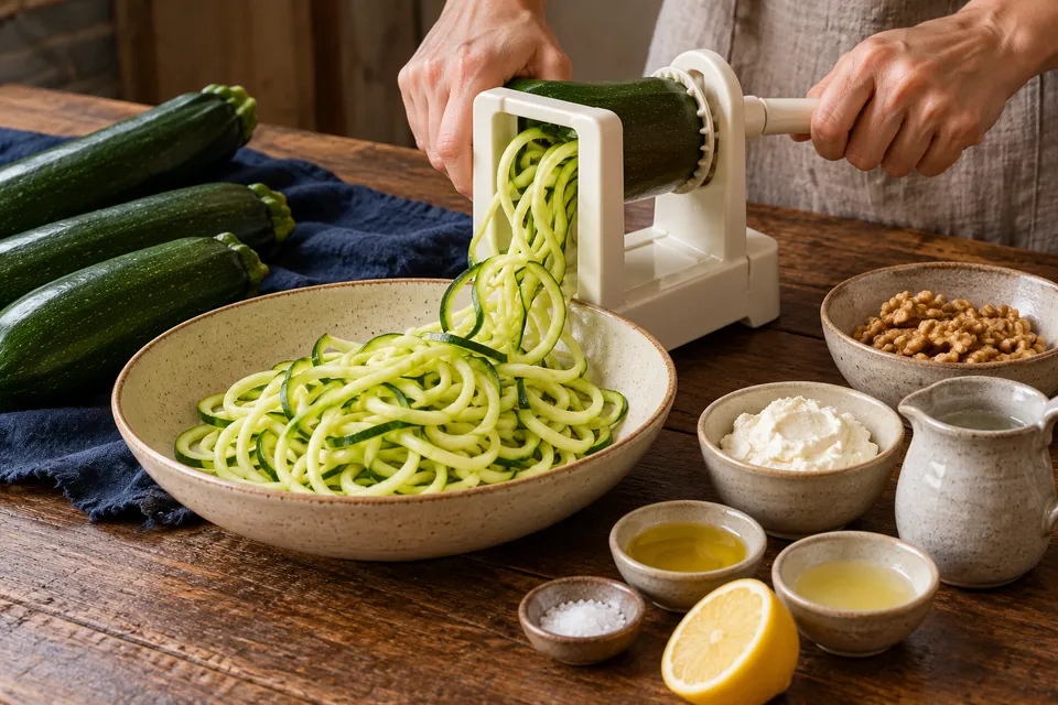 Zucchininudeln mit Walnusssauce: Spiralschneider (KI-Illustration)