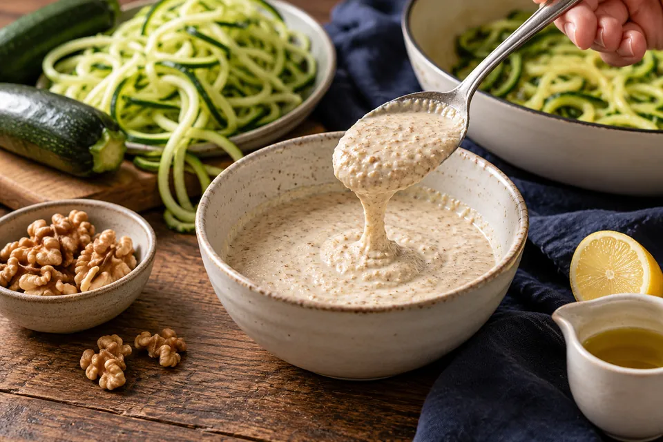 Zucchininudeln mit Walnusssauce: Sauce am Löffel (KI-Illustration)