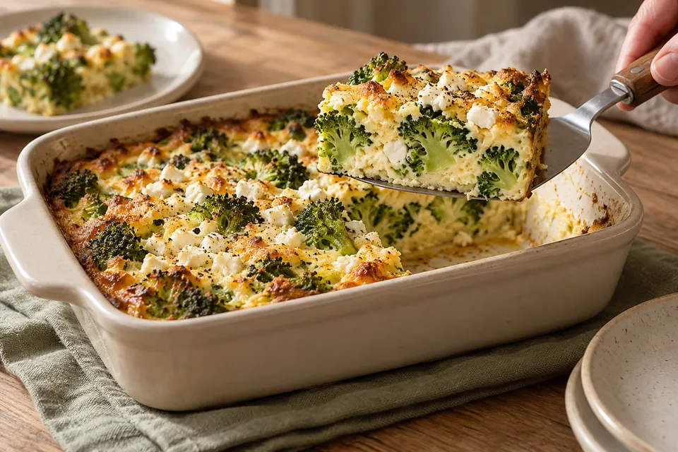 Brokkoli-Feta-Auflauf: gestockte Schnittfläche (KI-Illustration)