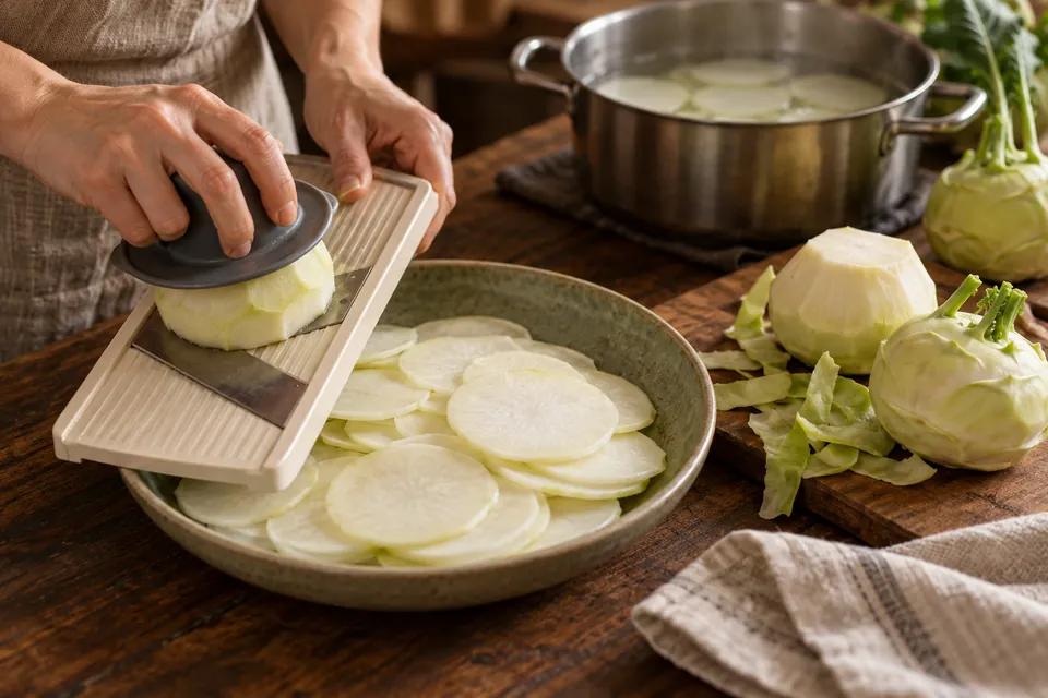 Kohlrabi-Lasagne: dünne Kohlrabischeiben