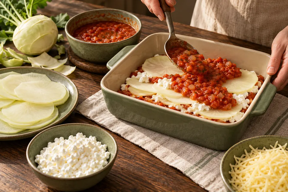 Kohlrabi-Lasagne: Schichtenaufbau