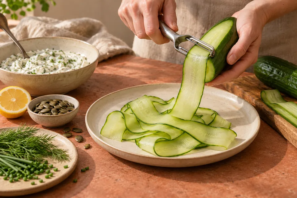 Gurkenröllchen mit Kräuterquark: breite Bänder