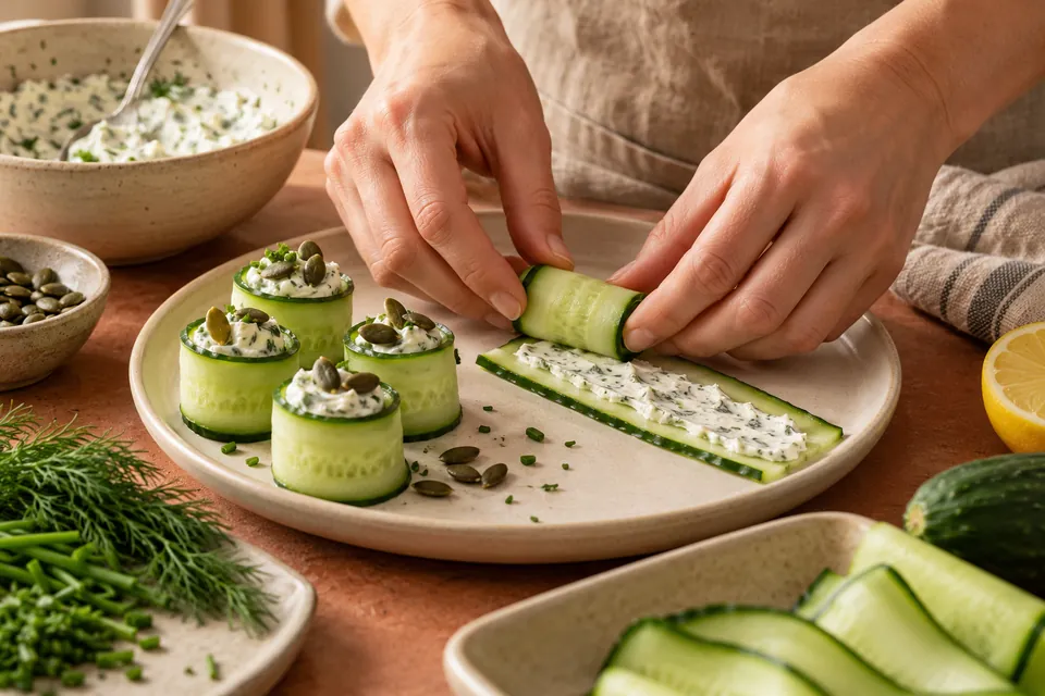 Gurkenröllchen mit Kräuterquark: Röllchen aufwickeln