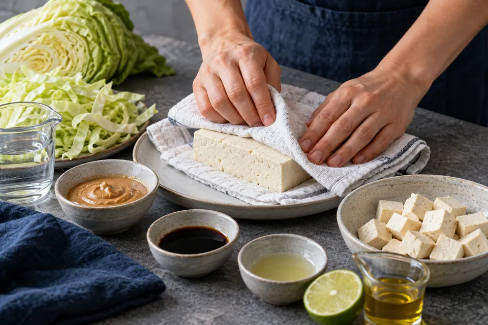 Spitzkohl-Erdnuss-Pfanne: Tofu trocknen