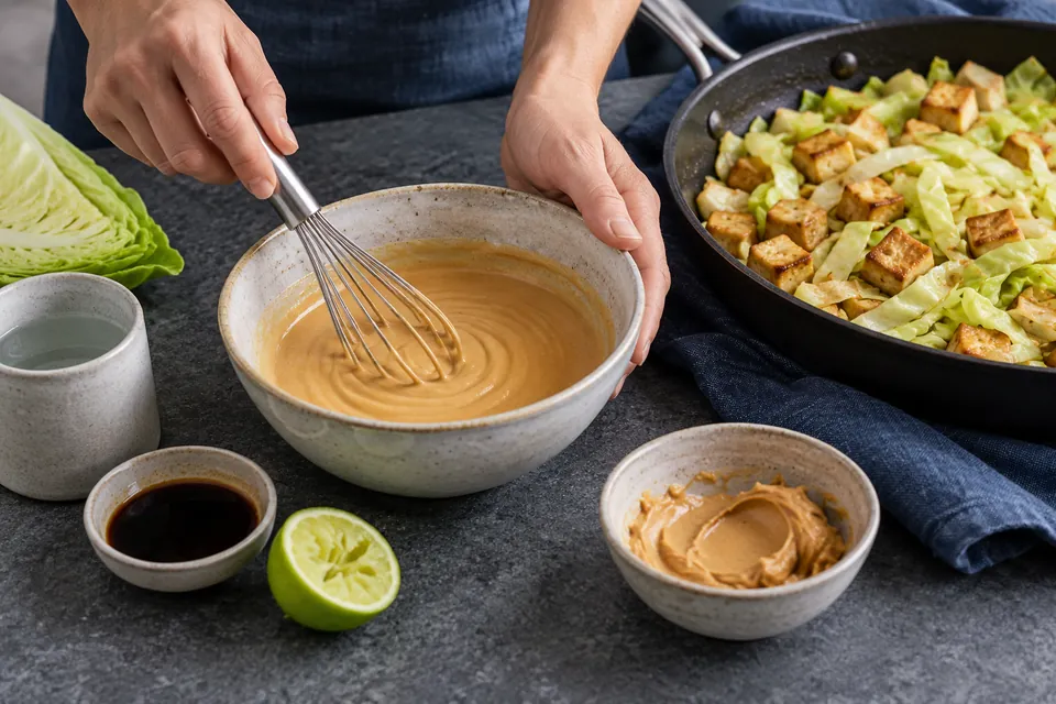 Spitzkohl-Erdnuss-Pfanne: Sauce glatt rühren