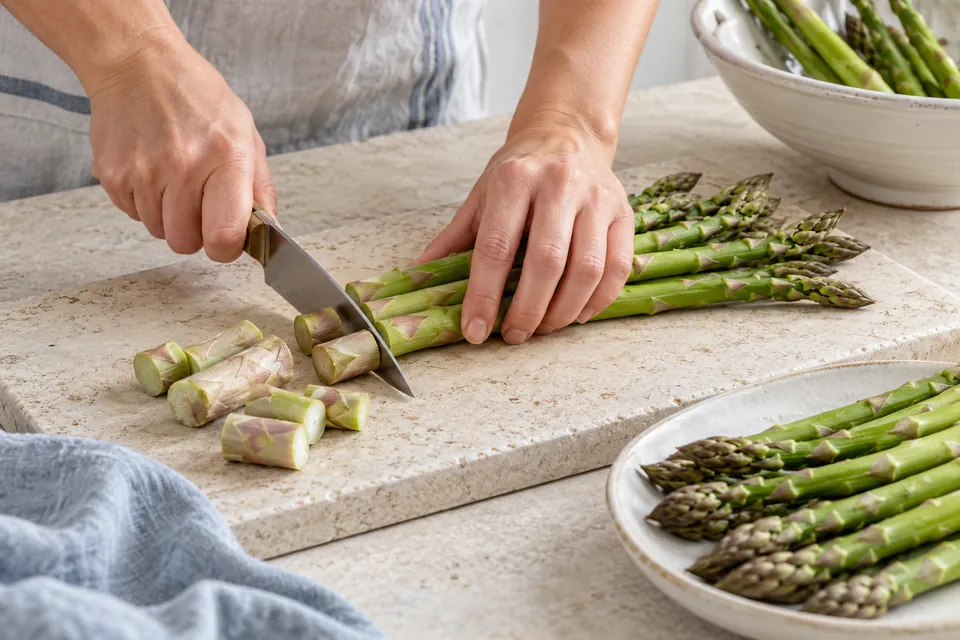 Grüner Spargel mit Ei und Haselnuss: Enden entfernen